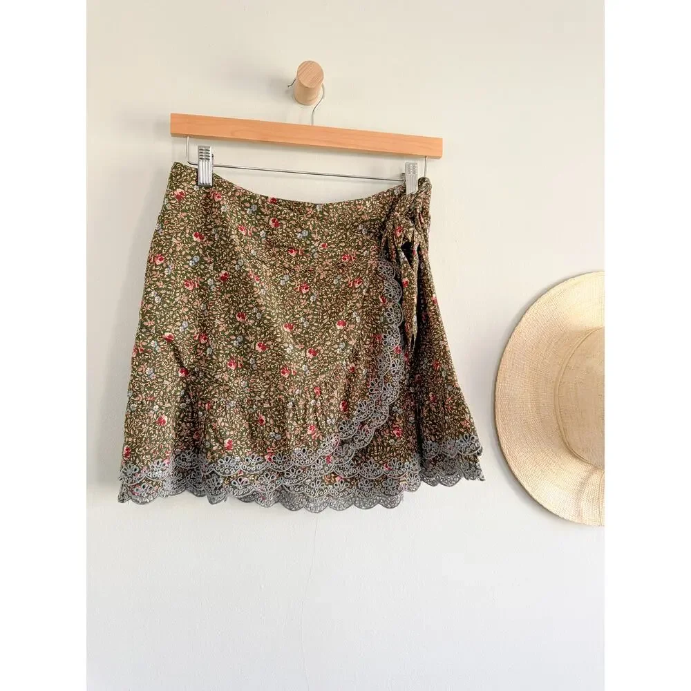 Sézane Sezane | Come Wrap Skirt Khaki Floral Mini Lace Trim | Sz 36 / US 4